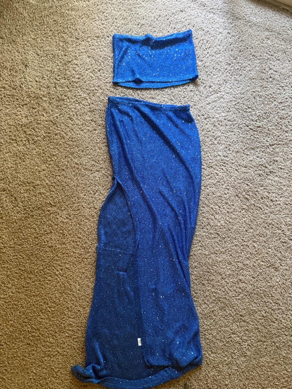 Two piece semi sheer sparkly blue set